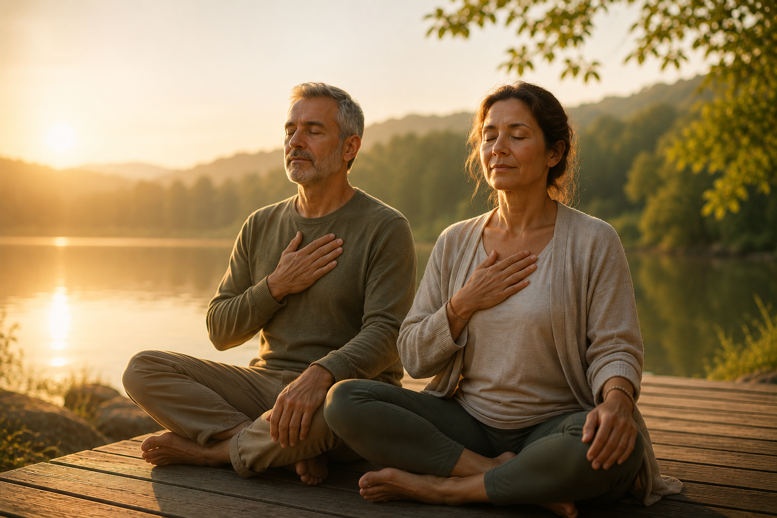 Pareja meditando junto a un lago al atardecer